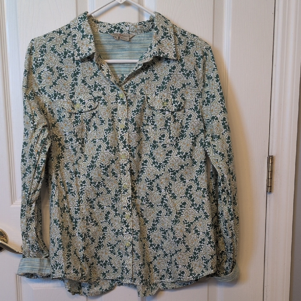 Royal Robbins Green and Cream Striped Tee with Floral Trim